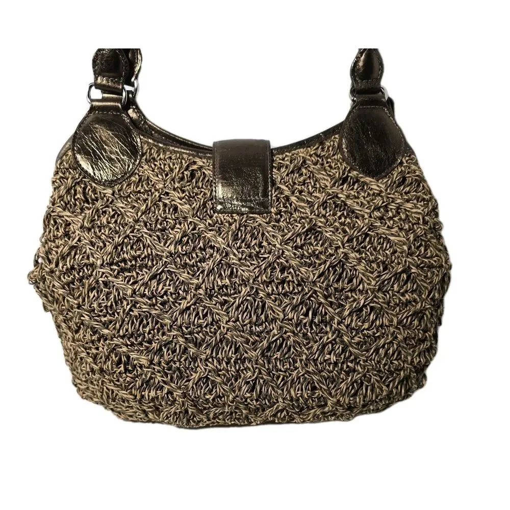 BRIGHTON VINTAGE Woven Straw Shoulder Hobo Bag Bronze Leather Trim Charm